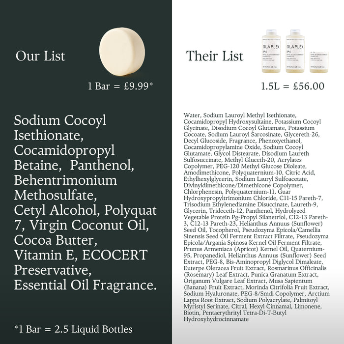 Comparison of ingredients and pricing for a soap bar and liquid soap bottles.