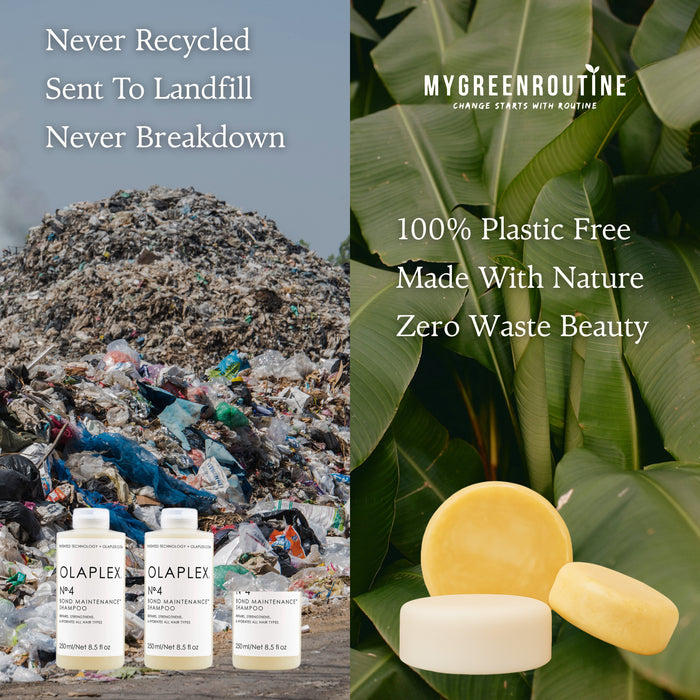Comparison of plastic waste and zero waste products with 'MyGreenRoutine' branding.