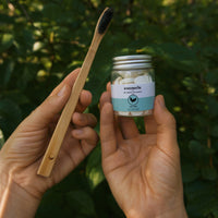 Zero waste toothpaste tablets and organic bamboo toothbrush - 100% natural.
