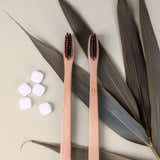 Two bamboo toothbrushes on a beige surface with dried leaves and white tablets.