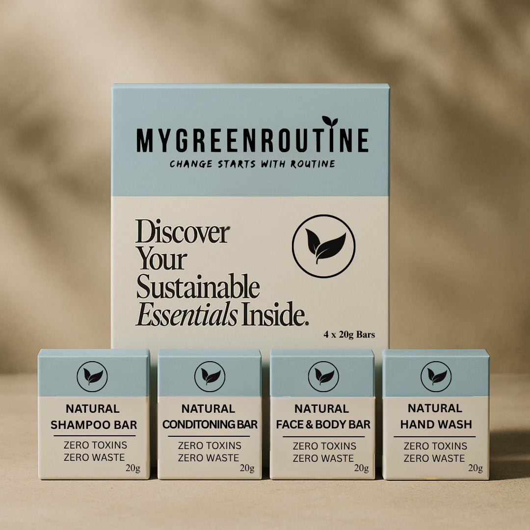 MyGreenRoutine sustainable wholesale product packaging with bars of soap on a neutral background