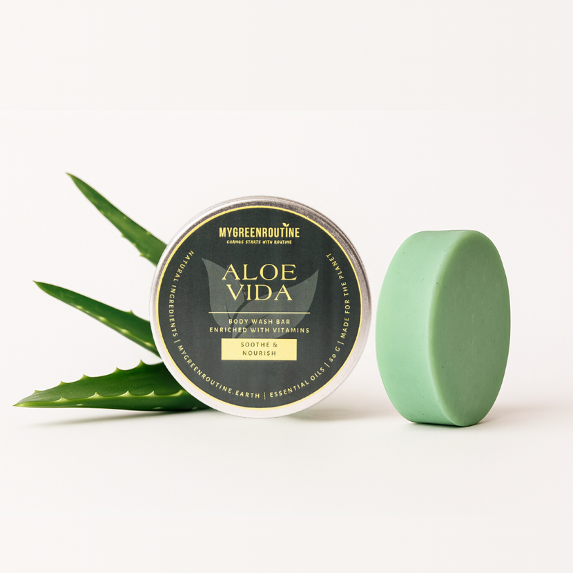 Eco friendly aloe vera body bar made with premium essential oils, no harsh chemicals, completely plastic free packaging and super travel friendly. 