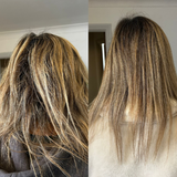 Client shows greasy roots and knotty hair and an after photo of straight and clean hair with no residue