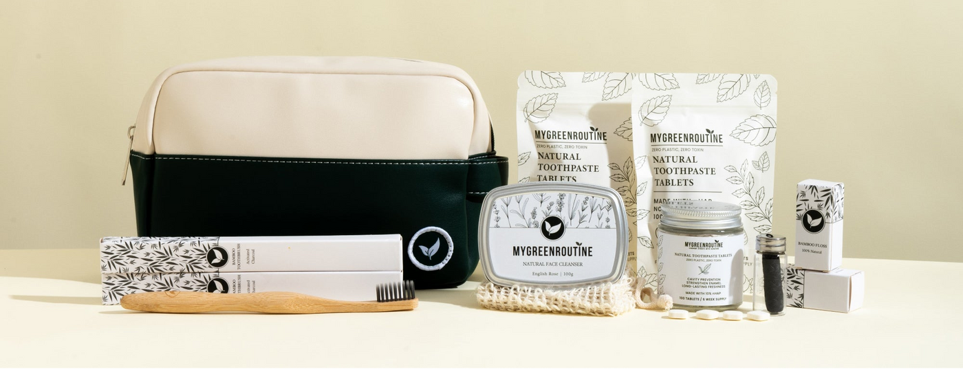 Cosmetic bag with skincare products on a light beige background