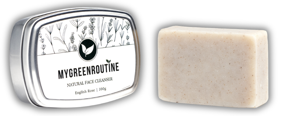 MyGreenRoutine natural face cleanser bar and packaging on a white background