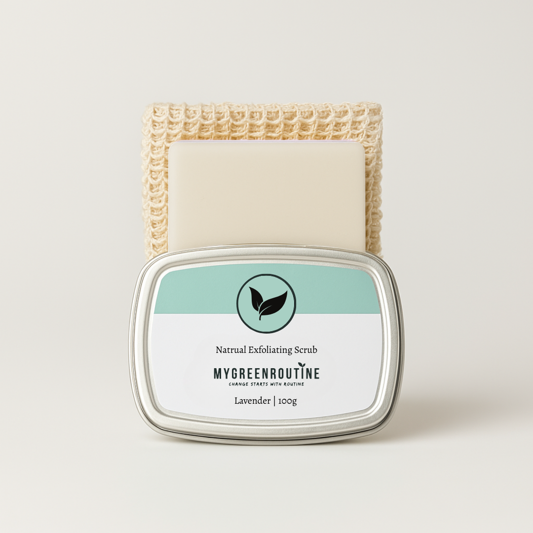 Natural and organic lavender body bars with essential oils stacked with convenient travel tin and exfoliator