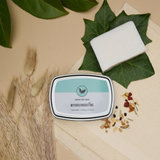 Natural and organic lavender body bars with essential oils stacked with convenient travel tin