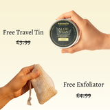 Free Travel Tin & Exfoliator with hair and body bars