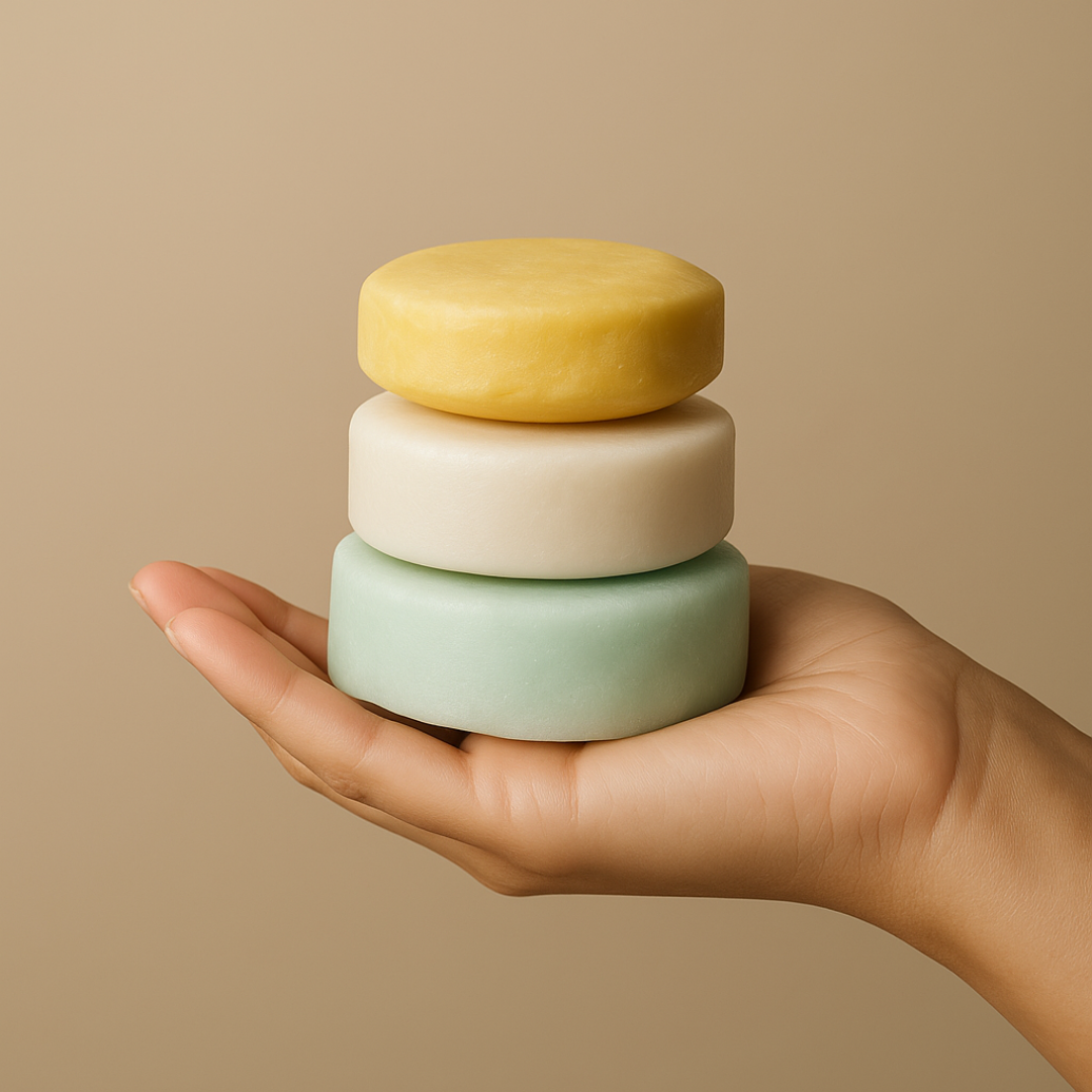 Hair & Body bars, flat lay on models hand in studio lighting