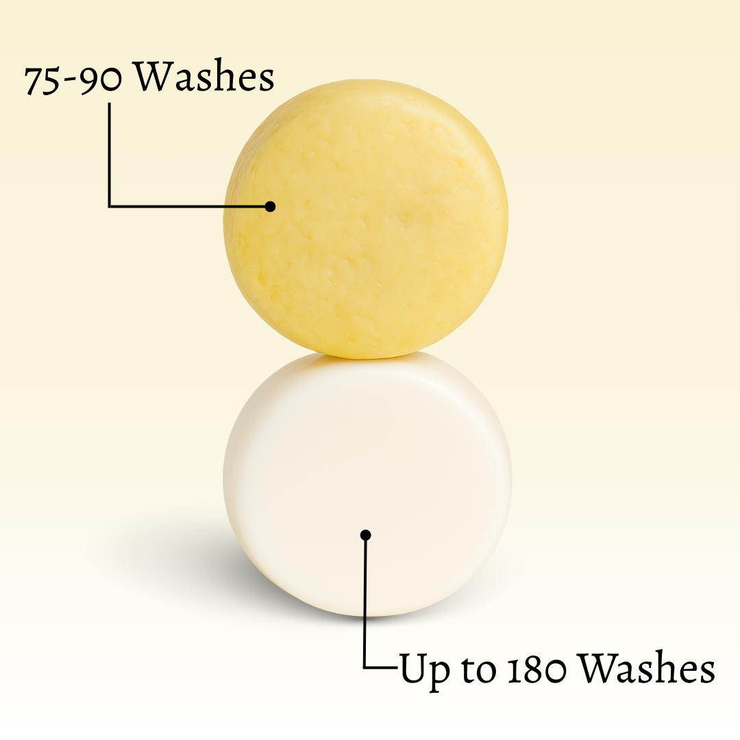 Shampoo Bar lasting up to 90 washes. Conditioning bar lasting up to 180 washes.