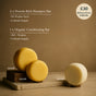 Three shampoo bars on a wooden stand with pricing and delivery information on a brown background