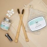 Mint Flavoured eor Waste Toothpaste Tablets with Biodegradable bamboo toothbrush, floss, cotton exfoliator and lavender soap bar. 