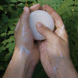 Hands holding a white ball against a green leafy background