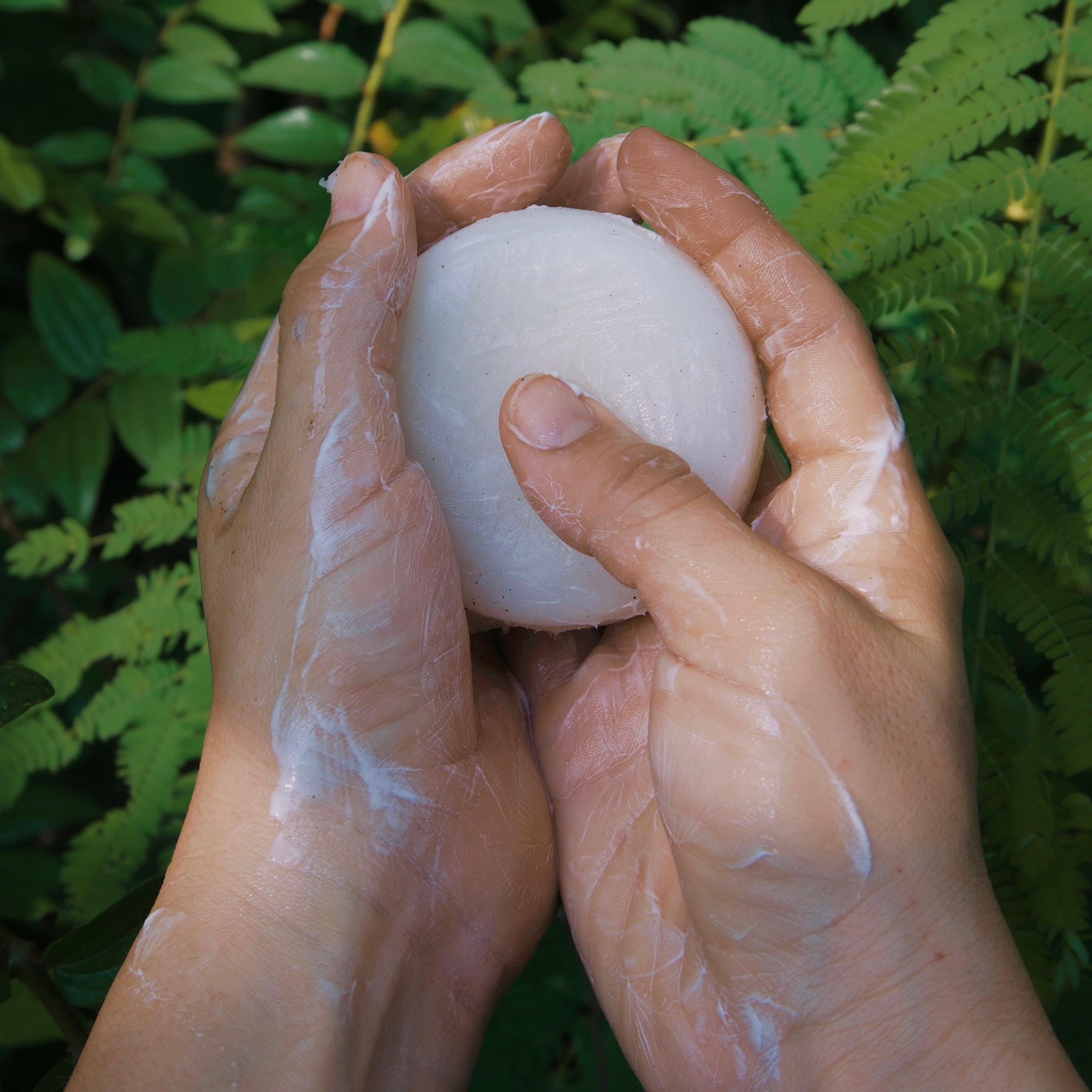 Natural organic and toxin free solid hair and body product lathering in females hands in nature