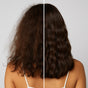 Before and after comparison of wavy hair on a plain background