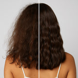 Before and after comparison of wavy hair on a plain background