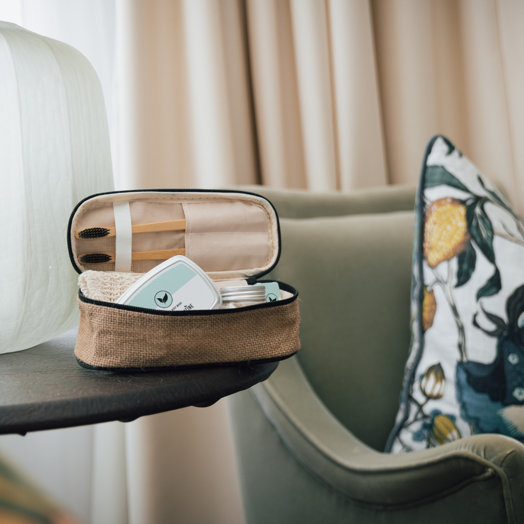 Travel kit in a high end hotel setting with a zero plastics ideal for the airport