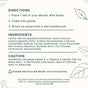 Product usage instructions, ingredients list, and contact information on a white background with leaf graphics.